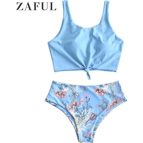 ZAFUL Floral Print Knot Tankini Swimsuit Casual Tank Top Bikinis Set Women Sexy Summer 2 Pieces Bohemia Swimwear Bathing Suit