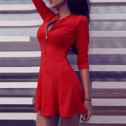 Autumn Spring Dress Women Dress Zipper Deep V-neck Sexy Mini Dress Long Sleeve Bodycon Sheath Slim Dress Vestido