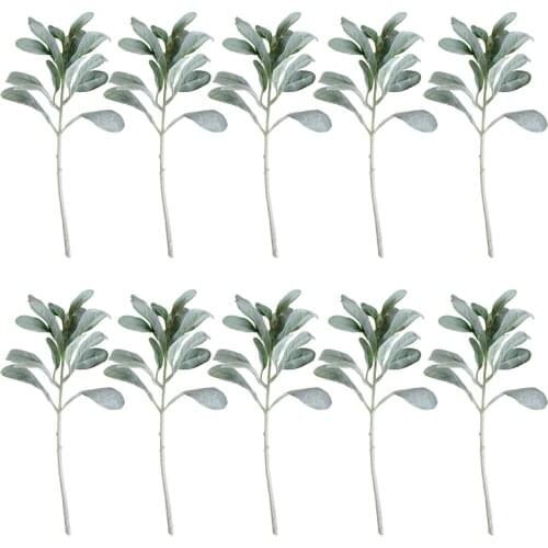 10 Pcs Artificial Flocked Lambs Ear Leaves Dusty Miller Stems Flocked Oak Leaves Lambs Ear Leaf for Home Wedding DIY