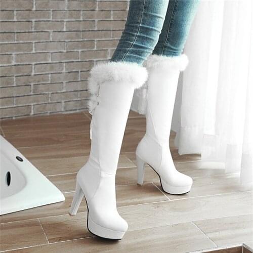 2021 women boots thick high heels ladies knee high boots fashion solid color winter office female boots White black