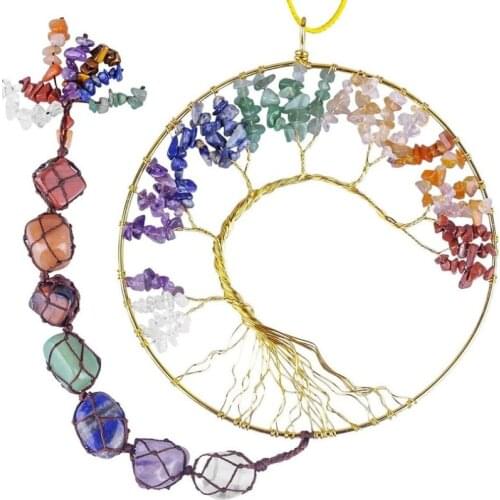 6 Inch 7 Chakras Stones Healing Crystals Life Tree Wall Hanger Tumbled Gemstones Meditation Hanging Ornament Home Decor
