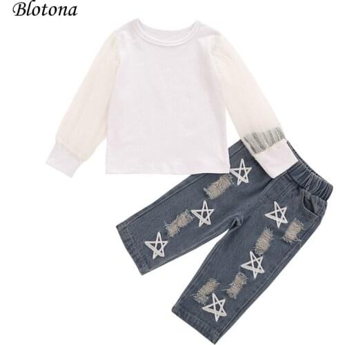 Blotona Toddler Baby Girls Spring Fall Outfits, Mesh Long Sleeve Crewneck Top + Ripped Denim Pants 2Pcs Clothes Set 6M-4Y
