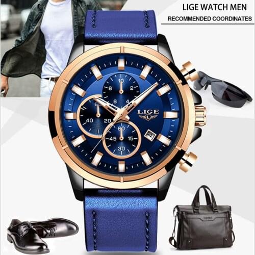 LIGE 9946 Mens Luxury Blue Business Leather Band Chronograph Waterproof Sports Military Analog Quartz Wristwatches Male