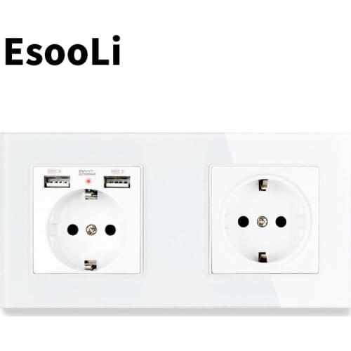 Esooli White 2 Gang EU Standard Wall Socket luxury Crystal Glass Panel With 2 USB Charge Port Hidden Soft LED Indicator