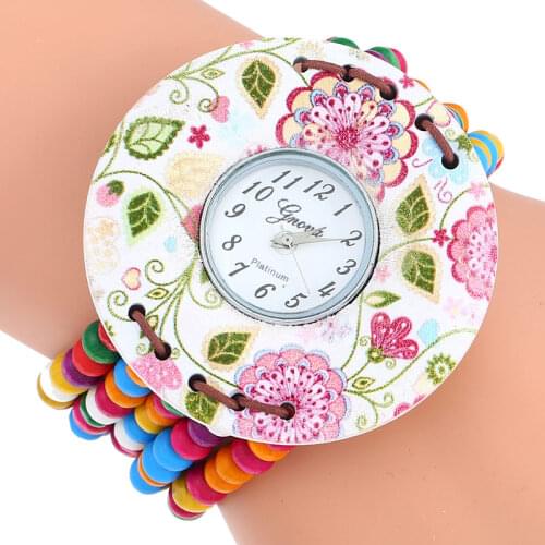 Gnova Platinum Wood Watch Small wrist women Big dial fashion New Brand beach Printed Flowers Bracelet Ethnic wristwatch A270