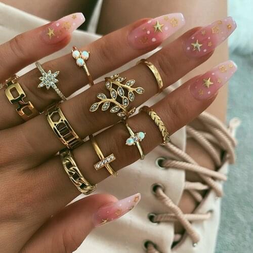 HuaTang 9pcs/set Vintage Carving Flower Finger Ring Set for Women Geometric Crystal Star Knuckle Rings Female Jewelry Anillos