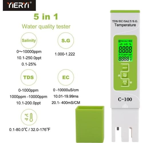 Yieryi 5 in 1 TDS/EC/Salinity/S.G./Temperature Meter Digital Water Quality Monitor Tester for Pools, Drinking Water, Aquariums