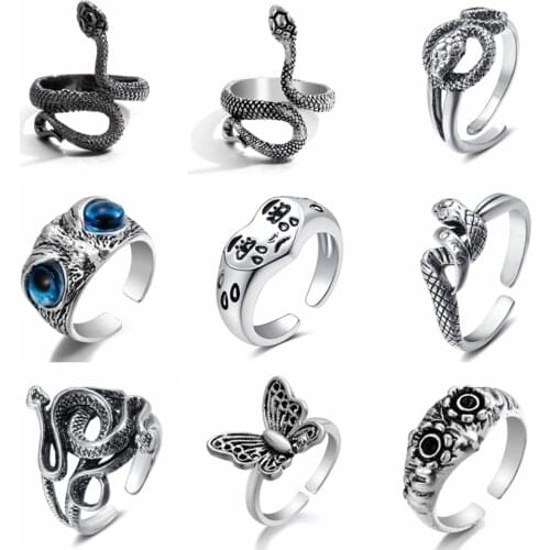 Ring For Women Girls Snake Smile Fashion Men Jewelry Vintage Ancient Silver Color Punk Hip Hop Adjustable Boho Frog
