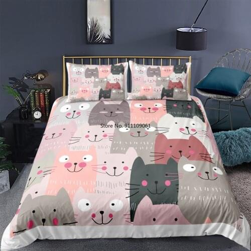 Home Textile Cat Duvet Cover with Pillow Case Cartoon Animals Bedding Set Kids Teen 2/3Pcs Queen King Size Comforter Covers