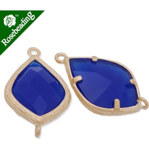 14x23mm matt gold plated framed glass,Faceted glass,royal blue,connectors,gemstone bezel,Sold 5pcs/lot-C4167
