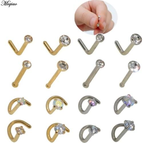 Miqiao 1pcs Ose Ring Round Zircon Crystal L Shape Nose Stud Gem Straight Nose Bone Ring for Woman Men Piercing Jewelry