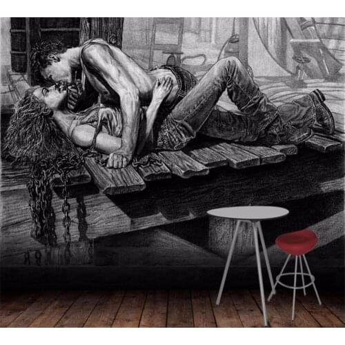 Beibehang Customize any size mural wallpaper HD hand drawn black and white art kiss background wall TV wall decoration