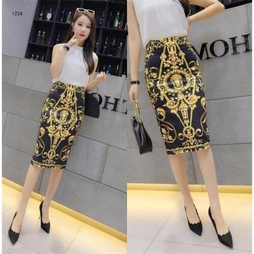 New Summer Pencil Skirt Women High Waist Skirts Golden Noble Vintage Elegant Print Midi Skirt Skinny Skirt Sexy Skirt for Sex
