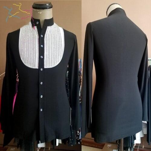 2019 New Rhinestone Line MenS Latin Dance Competition Tops MenS Long-Sleeved Ballroom Samba Tango Performance Shirt DL4747