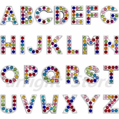 1pc A-Z Colorful Rhinestone English Letter Alphabet Internal Dia:8mm Slide Letter Charms Fit DIY Keychain Bracelet Pet Collar