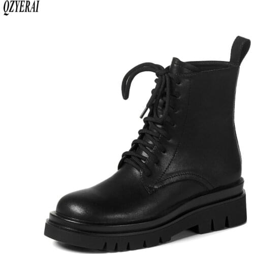QZYERAI New style Genuine leather Martin boots Female boots Womens boots black cowhide lace-up Womens shoes Size 34-40