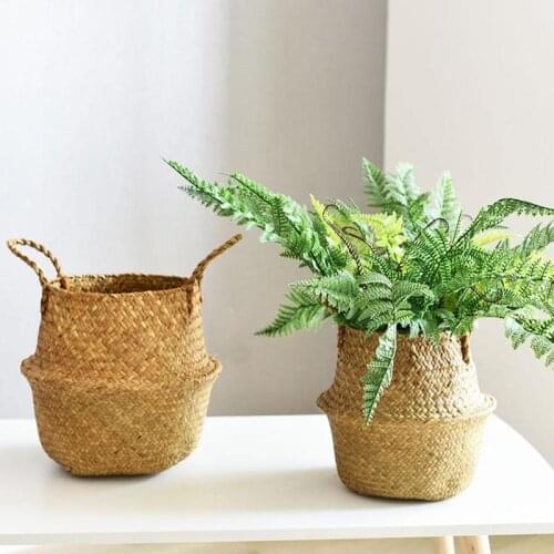 1pc Seagrass Wickerwork Basket Rattan Hanging Flower Folding Laundry Handmade Hamper Basket Pot Storage Pot Flower Dirty