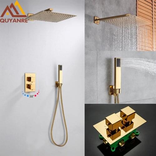 Quyanre Golden Embedded Box Thermostatic Shower Mixer Faucet Ultrathin Rainfall Shower Head Bathroom Thermostatic Shower Mixer