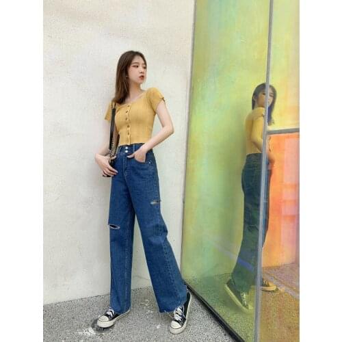 Korean style high waist loose straight-leg pants are thin and all-match jeans women