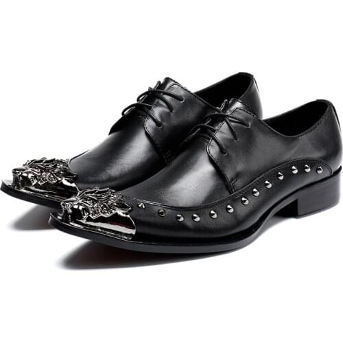 Zapatos De Hombre Men Italian Shoes For Men Party Office Black Genuine Leather Lace Up Shoes Iron Pointed Studded Formal Shoes
