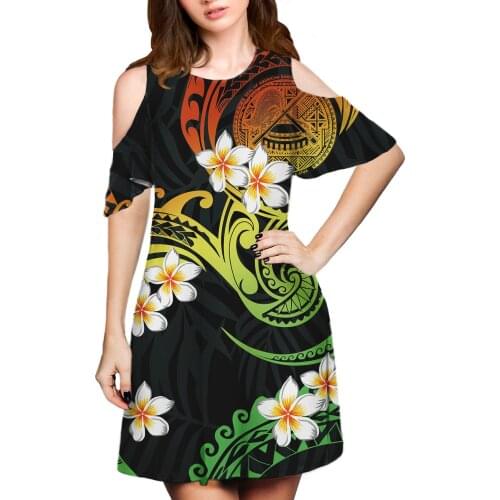 Hycool Unique Samoan Tribal Printed Party Dress Customized 2021 Summer Fashion Cold Shoulder Clothing Casual Vintage Women Dress