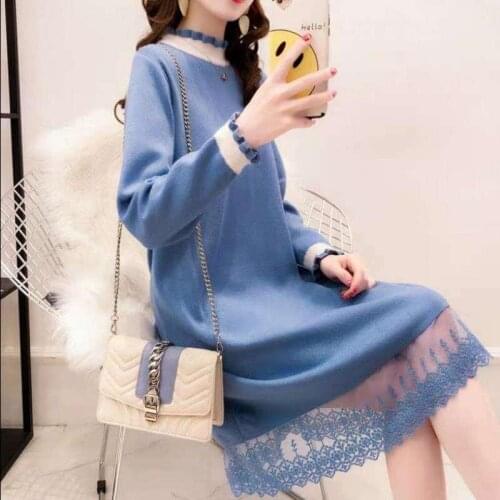 Women Sweater Dress 2020 Autumn Loose Long Sleeve Tulle Patchwork Pullover Sexy Lace Midi Dress Winter Knitted Vestidos New M196