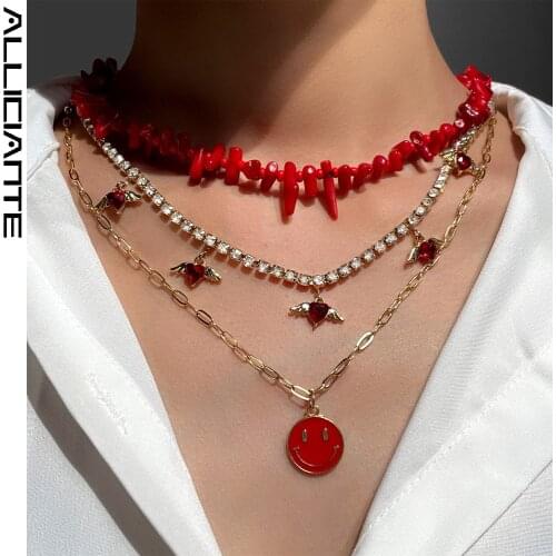 3 Pcs Retro Red Smiley Heart Crystal Irregular Beaded Necklace For Women Angel Charm Acrylic Bead Choker Good Lucky Boho Jewelry