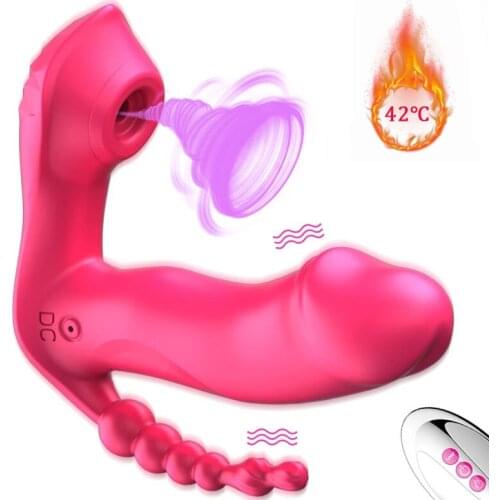 3 IN 1 Sucking Vibrator Heating Wearable Dildo Vibrator Sex Toys for Women Anal Vagina Clitoris Stimulator G-spot Oral Suction