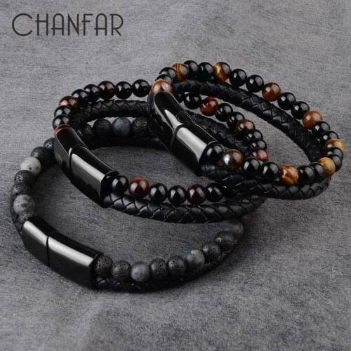 New Fashion Men Jewelry Natural Stone Genuine Leather Bracelet Black Stainless Steel Magnetic Clasp Tiger eye Bead Bracelet Men