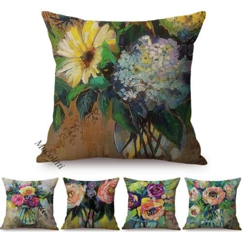 Vintage Flowers Oil Painting Throw Pillow Case Nordic Glass Vase Floral Art Home Decoration Cushion Cover Linen Sofa Pillowcase