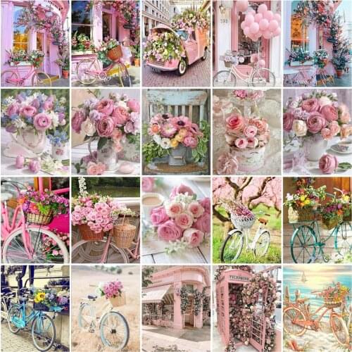 HUACAN Painting By Numbers DIY Frame Pink Flower Paint By Numbers Bicycle On Canvas DIY Scenery Home Decoration 60x75cm