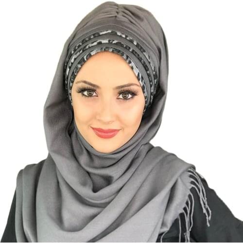 Islamic Fashion Muslim Women Hijab 2021 Trend Single Size Bathing Cap Beret Ready Shawl Scarf Buckle Hat Koton Gray Ready Shawl