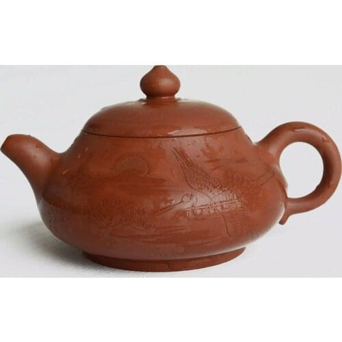 Chinese Yixing Clay Teapot 240ml Zisha Purple Sand Zhu Mud Handmade Tea Pot Carved Sun Crane Landscape