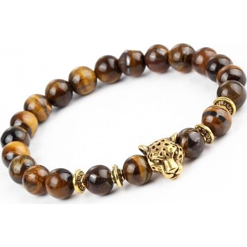 Hot Sale Gold-Color Leopard Head Bead Buddha Bracelet Natural Stone Lava Tiger Eye Men and Women Bracelets