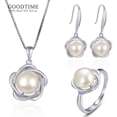 Fashion Jewelry Set For Woman Pure 925 Sterling Silver Set Freshwater Pearl Zircon Necklace Earrings Ring For Wedding Party