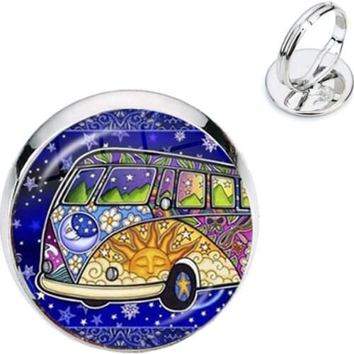 New Design Peace Sign Van Bus Rings Fashion Silver Color Glass Cabochon Hippie Car Badge Rings Jewelry For Women Men Gift