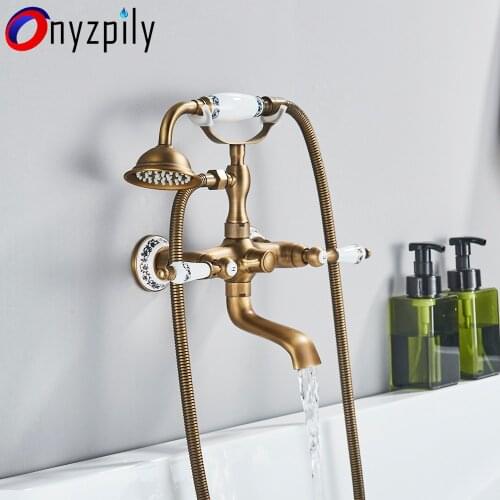 Onyzpily Bathtub Shower Faucet Antique ORB Golden Phone Style Spray Wall-Mounted Hot And Cold Faucet Blue and White Porcelain
