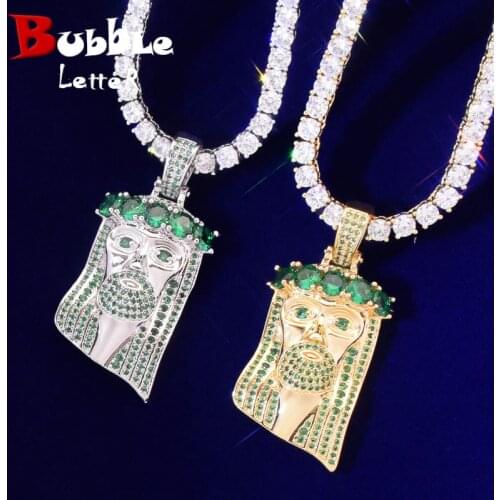 Green Zircon Jesus Head Pendant Necklace Gold Color Plated Charm Mens Hip Hop Rock Jewelry