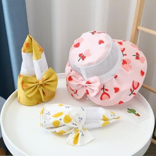 New Cotton Bow Bucket Hats girls Summer Sunscreen Hat baby printing Mesh Fisherman Hat Beach Cap UV Protection 2-9 year