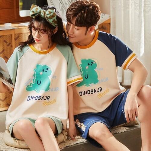 Couple Pajamas Set Women Mens Summer Cotton Short Sleeve Sleepwear Fashion Patchwork Cartoon Little Dinosaur Print Cute Homewear