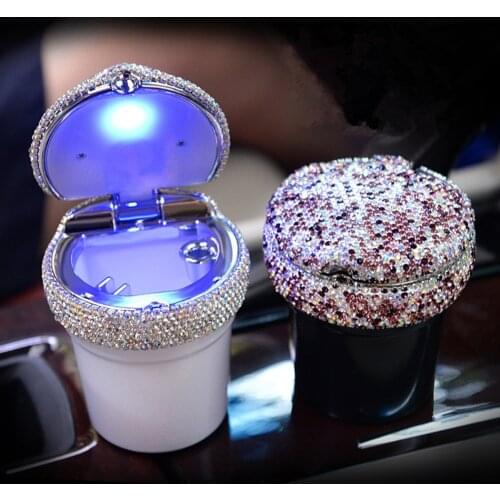 Car LED Ashtray Blue-Ray High Temperature Resistance Auto Cigarette Ashtray Luxury Diamond Gift for Women Girl Home Use
