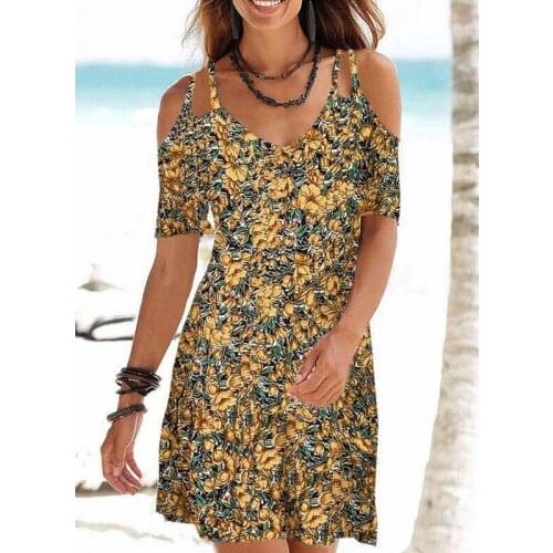 Summer Dress Woman Fashion Floral Print Dresses Hollow Out Shoulder Short Sleeve V Neck Women Beach Casual Dress Female Vestidos