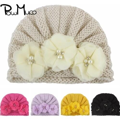 Powmuco Hand Sewing Beads Flowers Toddler Caps Fashion Warm Knitting Striped Hats Cute Floral Baby Girls Headwear Photo Props