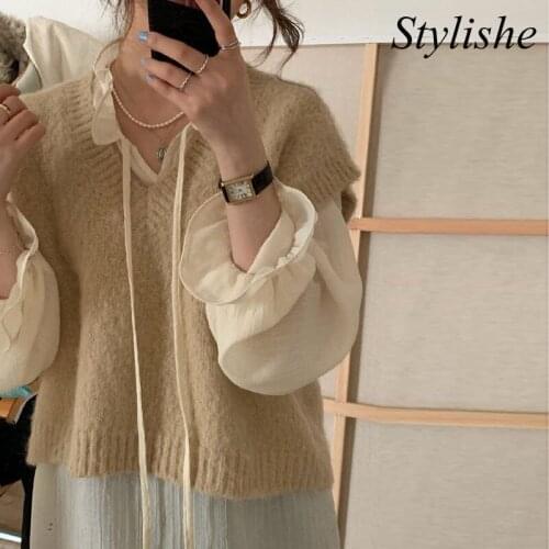 Cropped V Neck Sweater Vest Women Khaki Sleeveless Knitted Sweaters Female Spring Autumn Cute Casual Solid Loose Top Outerwear