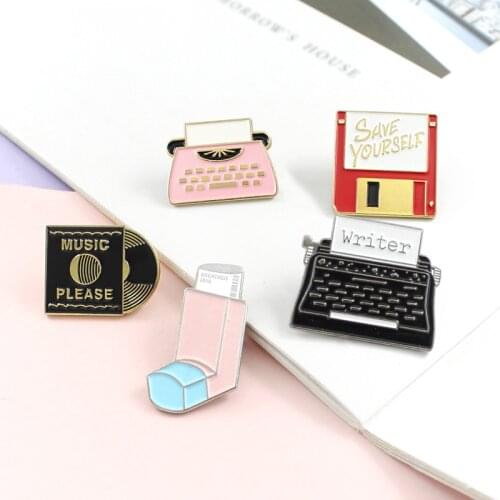 Vintage USB flash disk Save Vinyl Record Typewriter Enamel pins Custom Brooches Backpack Clothes Badge Jewelry Gift for kids