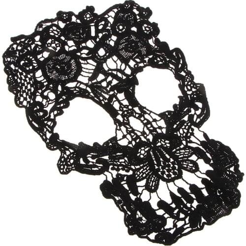 Skull Embroidered Appliques Lace Fabric Ribbon Trim Patch Gothic Embroidery Neckline Collar, Black