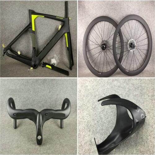 Yellow logo Disc Disk Concept Road Carbon Frames and 50mm Disc carbon Wheelset Black Handlebar Bottle Cages