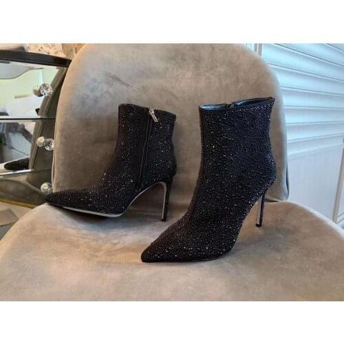 Women Shoes Black Heeled Ankle Boots Virginie Crystal Bling Bling Boots