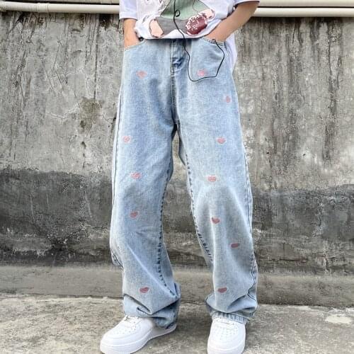 Womens Jeans 2021 New Vintage Embroidery Streetwear High Waist Wide Leg Pants Y2k Baggy Washed Harajuku Straight Denim Trouser