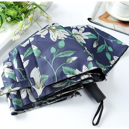 Women Student Lily Leaves Sunny Umbrella Dual Use 3 Folding Black Glue Parasol Sunscreen Sun Umbrella Gift